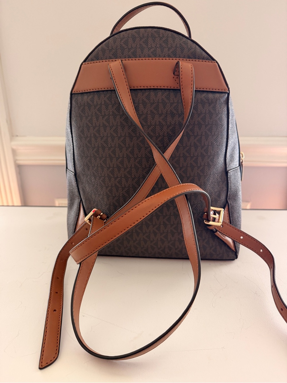 Michael Kors Erin Medium Backpack Signature Brown MK Monogram Luggage Trim EUC - Picture 2 of 10